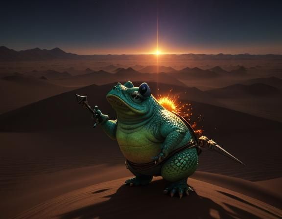 Bullywug Spellcaster in Desert Landscape, 3D Render
