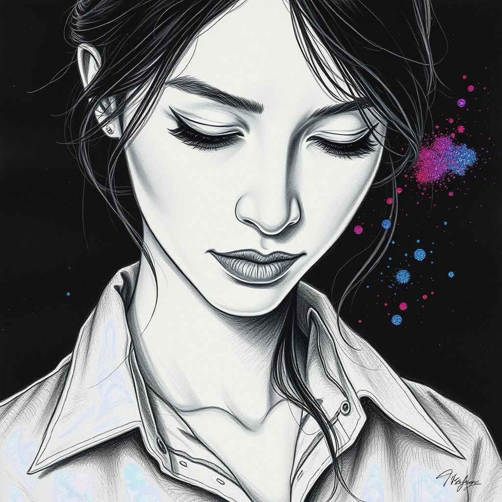 Woman's Face in Pencil Drawing with Cosmic Splashes