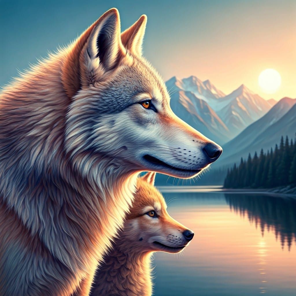 Wolf Profile with Pup in Mountain Landscape