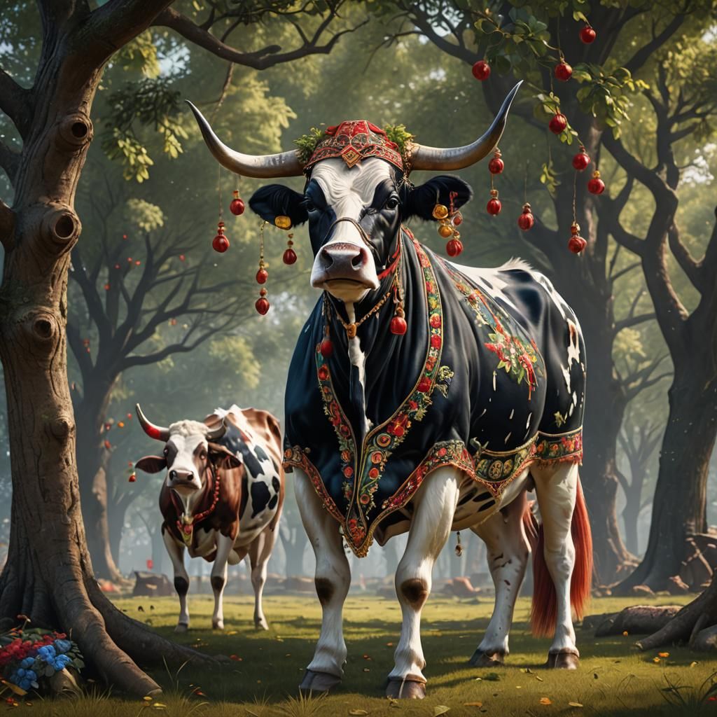 Regal Cow with Bells Under a Tree