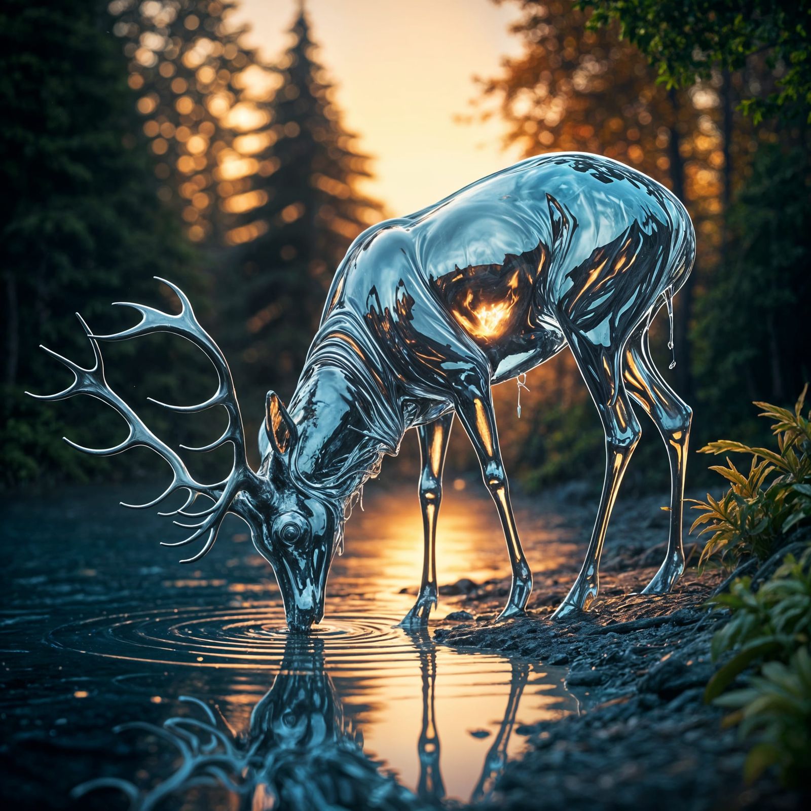 Ethereal Glass Stag Drinks from Enchanted Lake