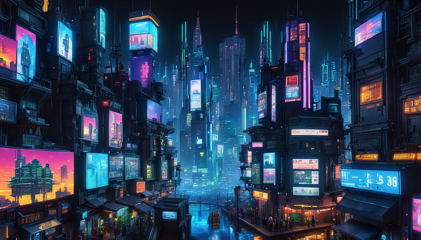 Cyberpunk Cityscape with Digital Clocks in Anime Style