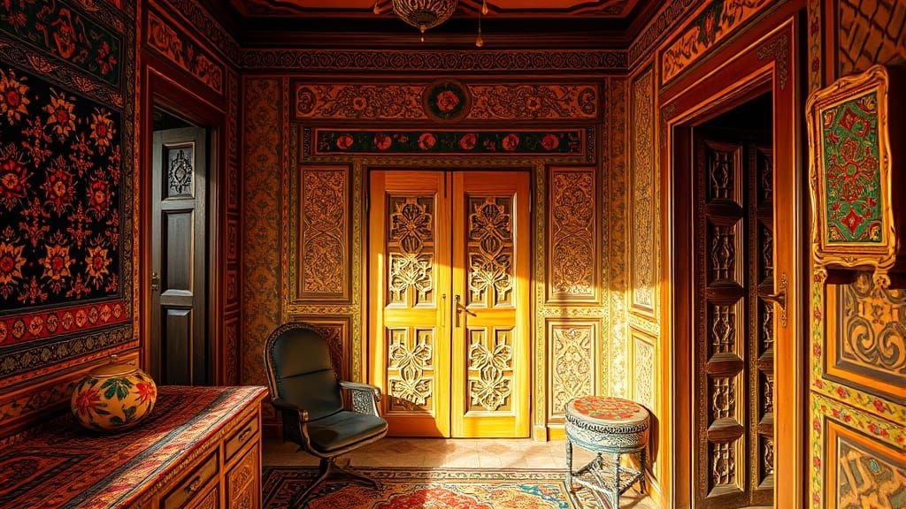 Warm Uzbek Apartment Interior in Vibrant, Intricate Style