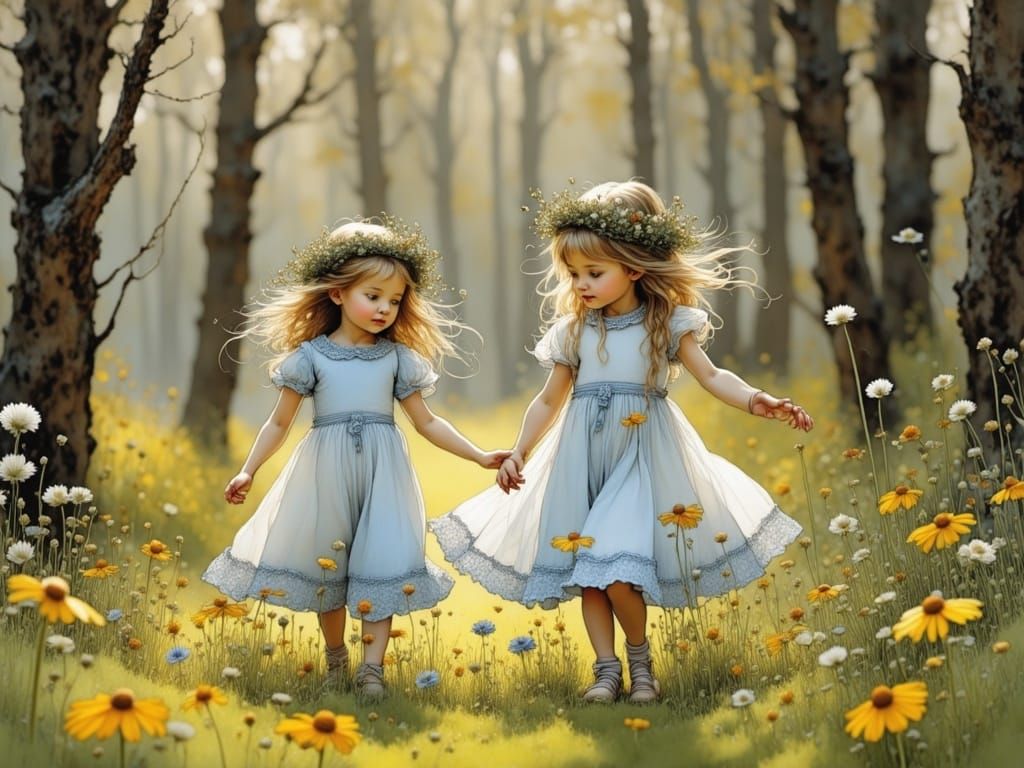 Whimsical Morning Meadow Dance in Delicate Watercolor Style