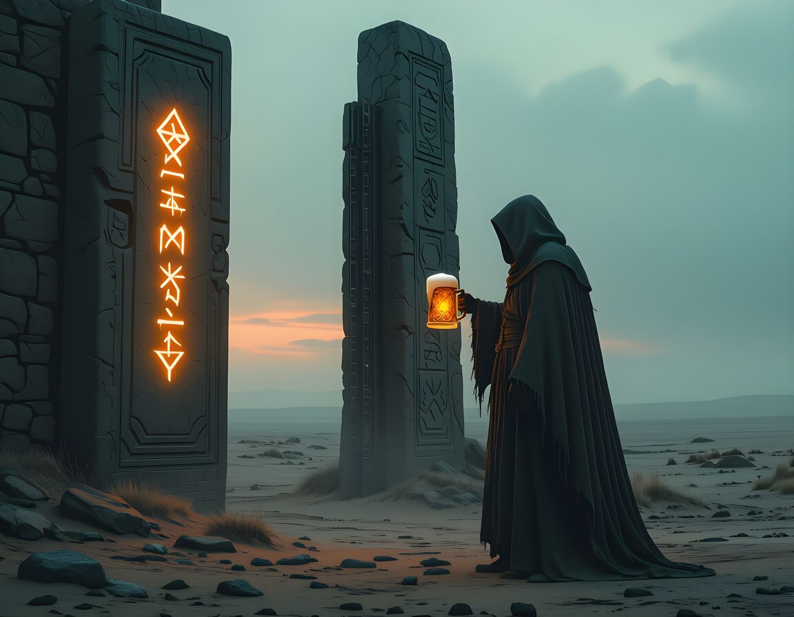 Hooded Figure with Glowing Tankard at Ancient Gate