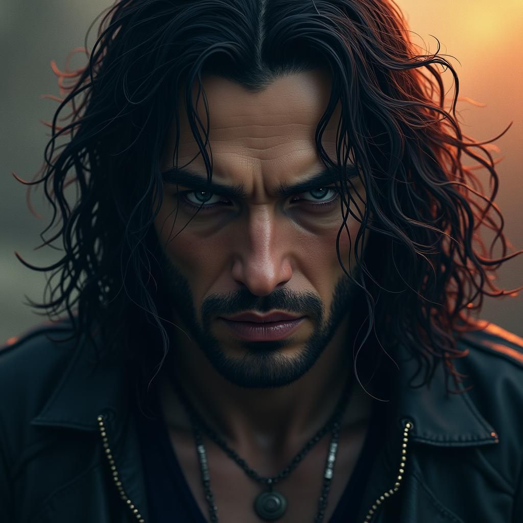 Brooding Dark-Haired Man with Flowing Locks