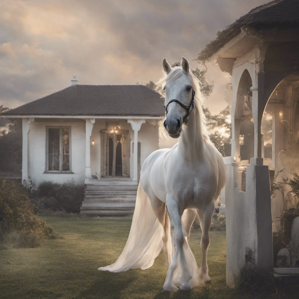 Surreal Blend: Horse, Bride, and Bungalow