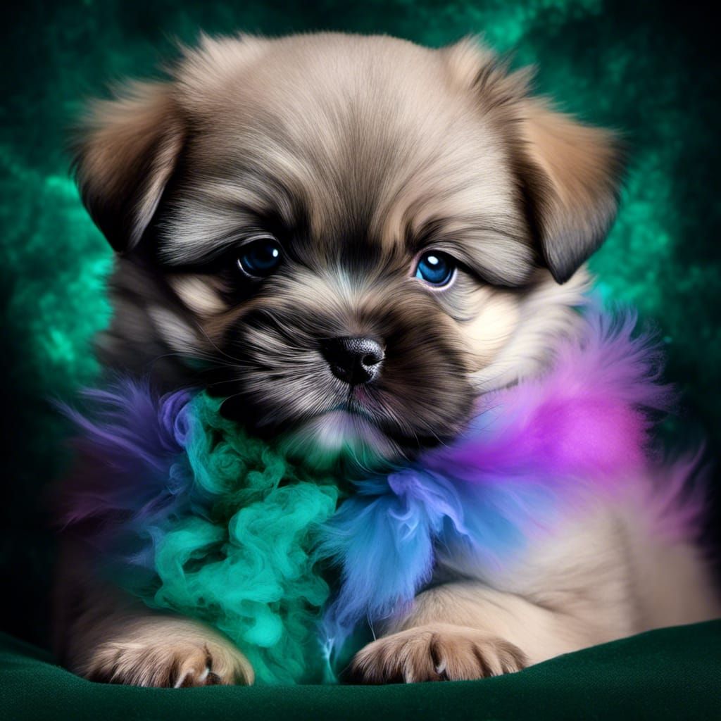 Fuzzy Blue Puppy in Smoky Emerald Mist
