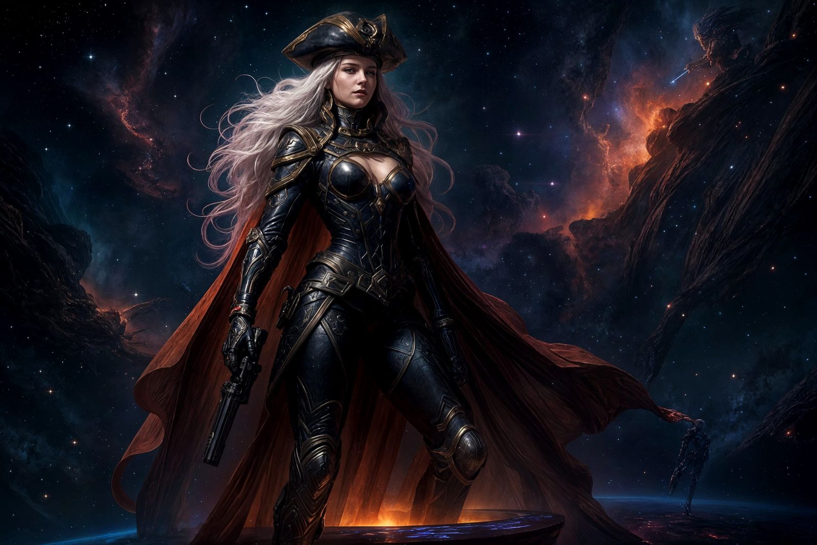 Space Pirate Queen Overlooking Nebula in Digital Painting