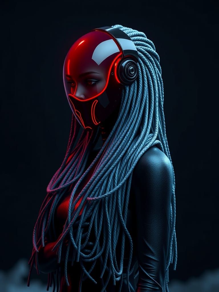 Ethereal Dystopian Goddess in Crimson Neon Mask