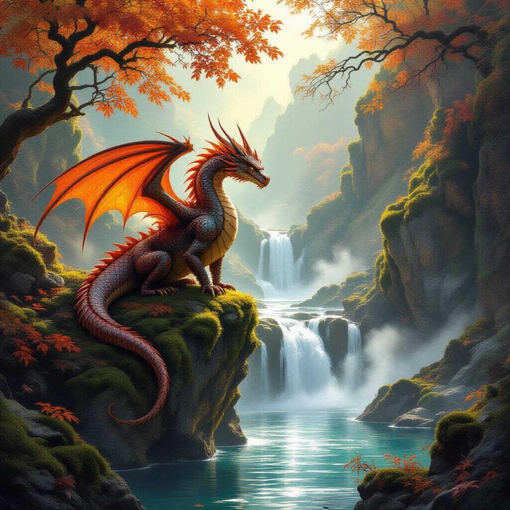 Majestic Dragon on Cliff Overlooking Waterfall