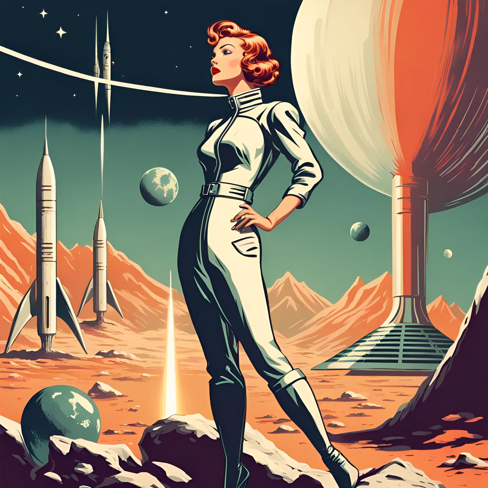 Retro-Futuristic Pinup Girl on Alien Planet in Art Deco