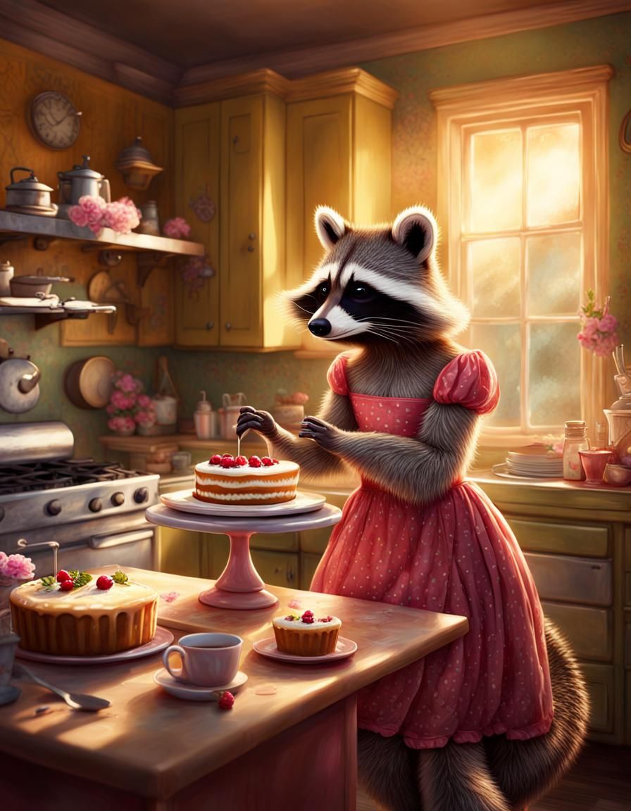 Raccoon Baking Cake in Whimsical Kitchen
