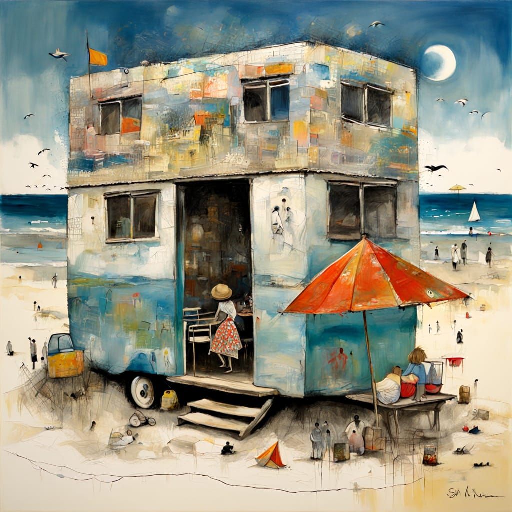 Abstract Beach Scene Inspired by Naive Art