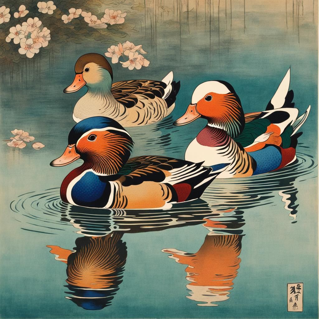Mandarin Ducks Swimming: Japanese Woodblock Print