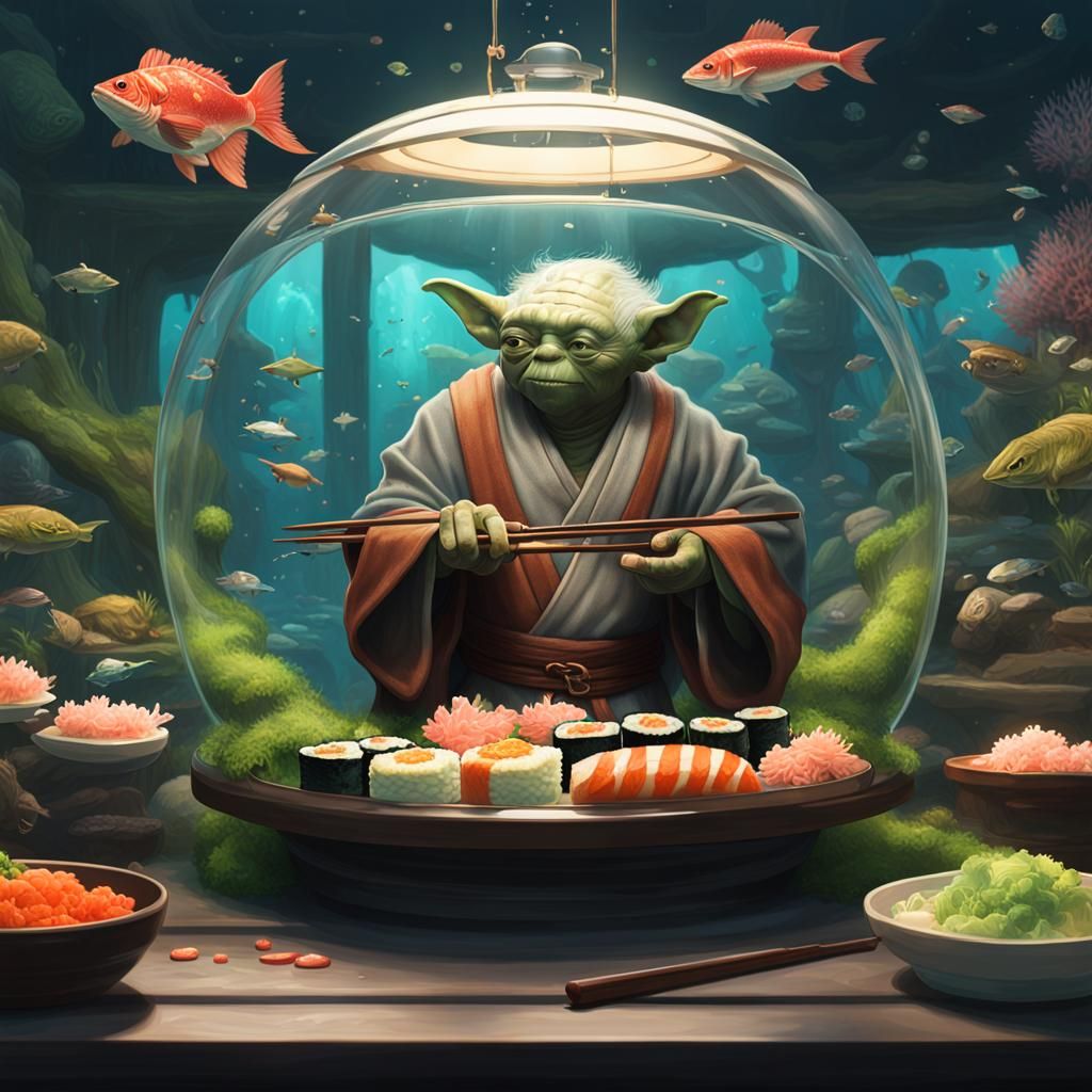 Yoda's Underwater Sushi Terrarium: A Digital Art Portrait
