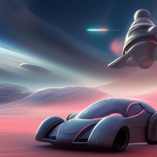 Girl Drives Car Through Space: Detailed Fantasy Art