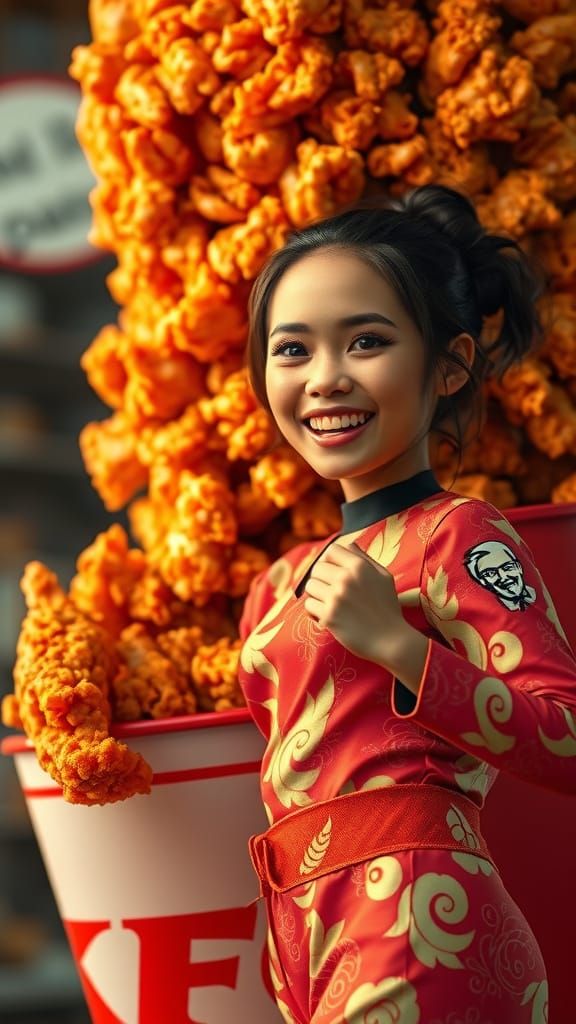 Golden Happiness: A Woman's Joyful Moment with Fried Chicken