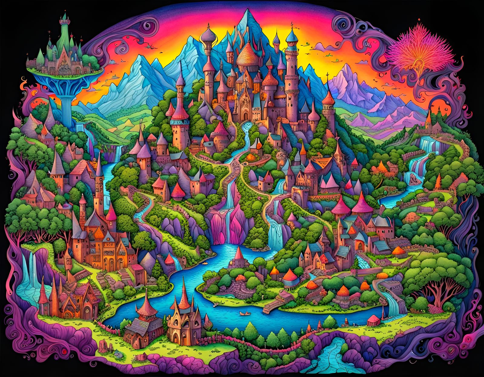 Map of fantasy land in a blacklight neon world