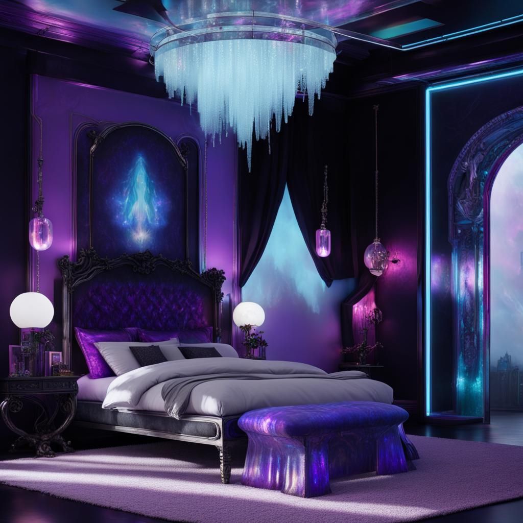 Epic fantasy gothic bedroom with holographic purple walls wi...