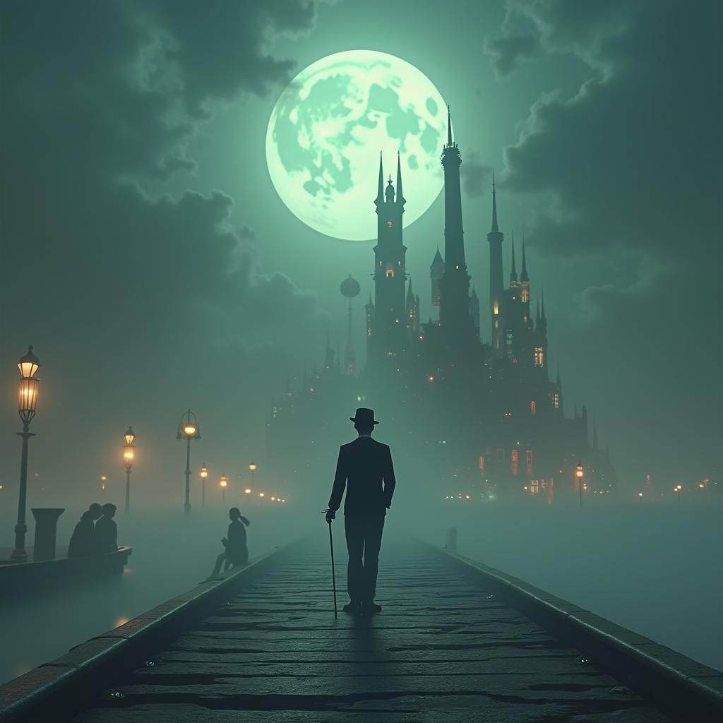 Chaplin in Surreal Cyberpunk Cityscape