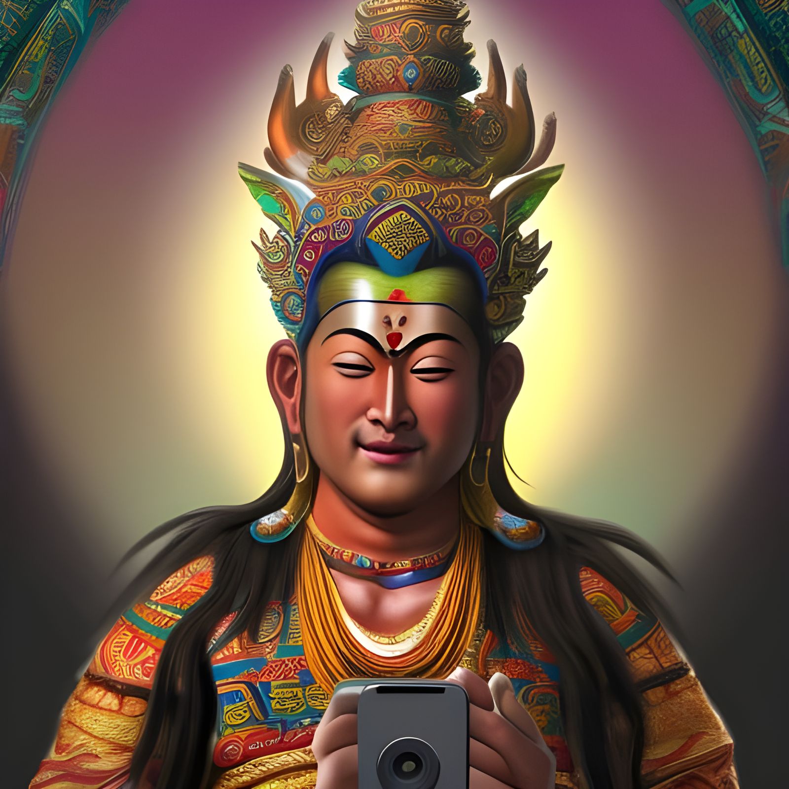 tibetan deity takes a selfie with a cellphone