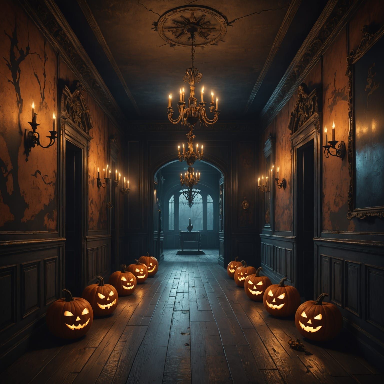 Halloween Pumpkin Ghost in Haunted Manor Corridor