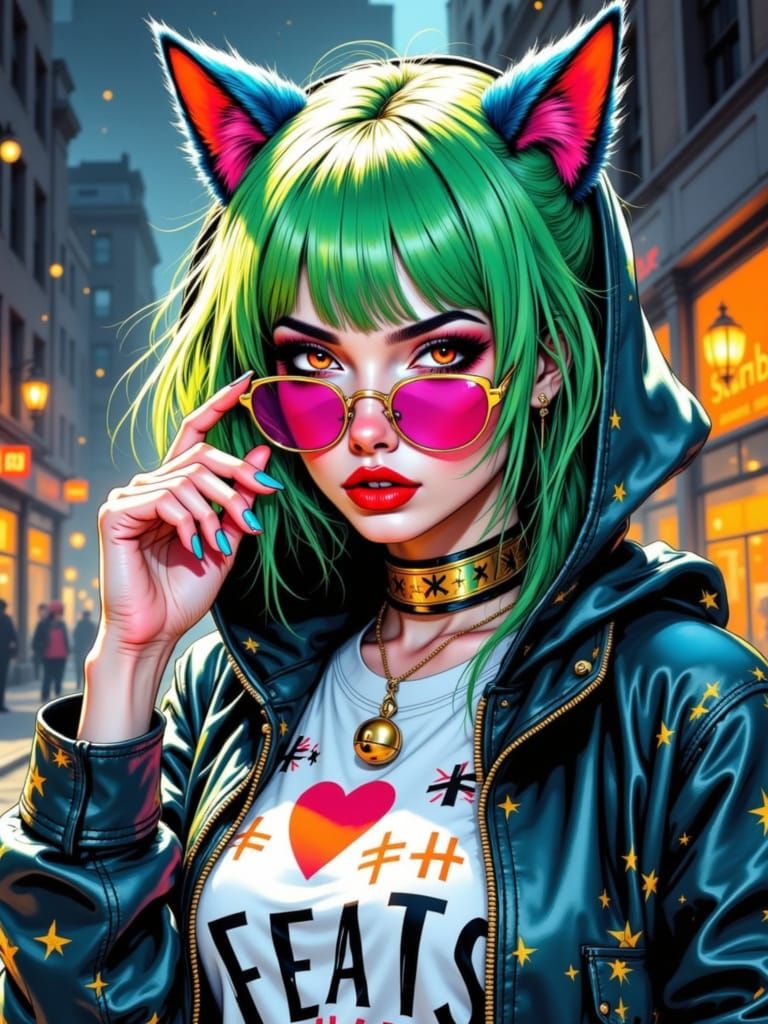 Cartoon Portrait of Woman with Cat-Ear Hoodie