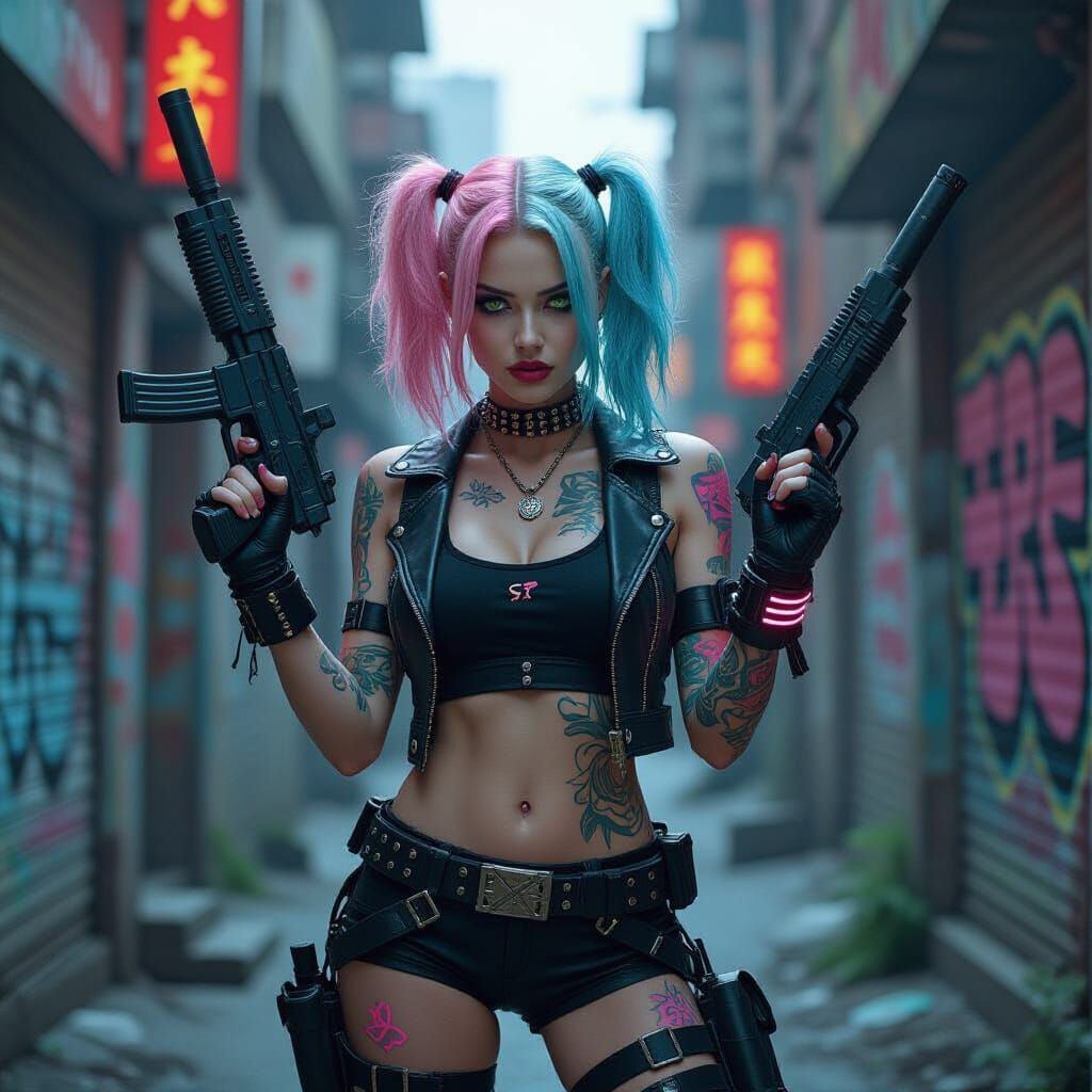 Cyberpunk Goddess in Dystopian Alleyway with Neon Tattoos