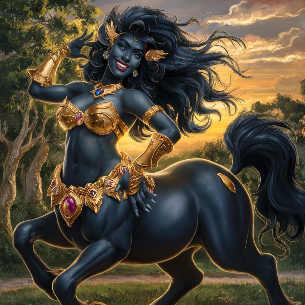 Vibrant Black Female Centaur with Golden Armor