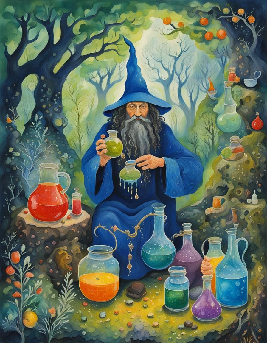 Wizard Brewing Potions in Magical Forest Glade