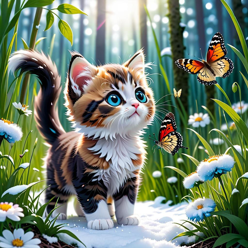 Playful Kitten Gazing at Butterfly in Snowy Forest