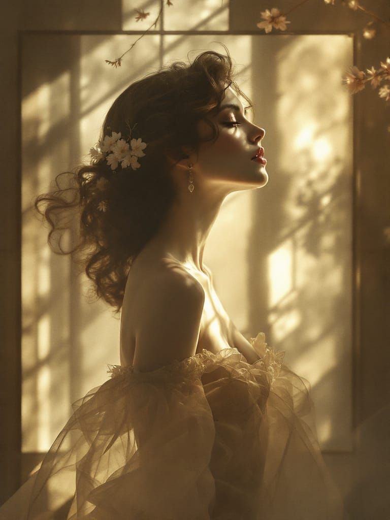 Ethereal Garden Scene with Geometric Accents