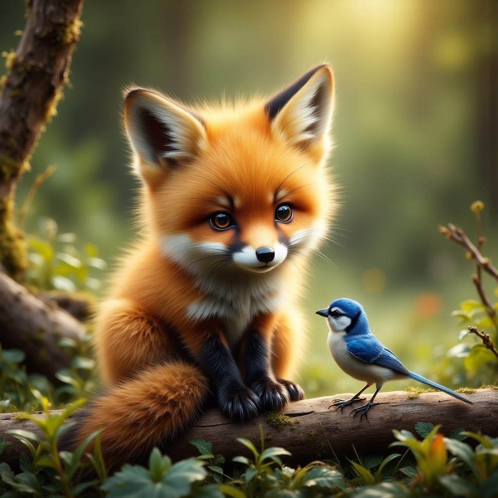 Fluffy Fox Cub and Bluebird Scene