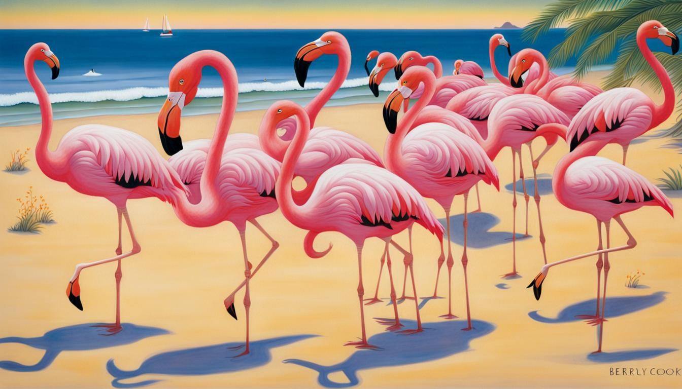 pink flamingos on the beach by beryl cook