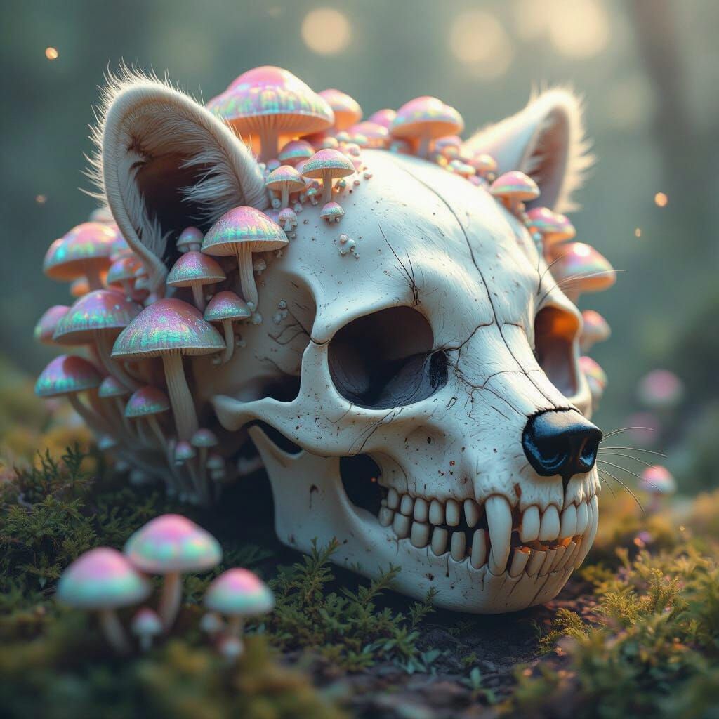 Iridescent Mushrooms Grow on Raccoon Skull
