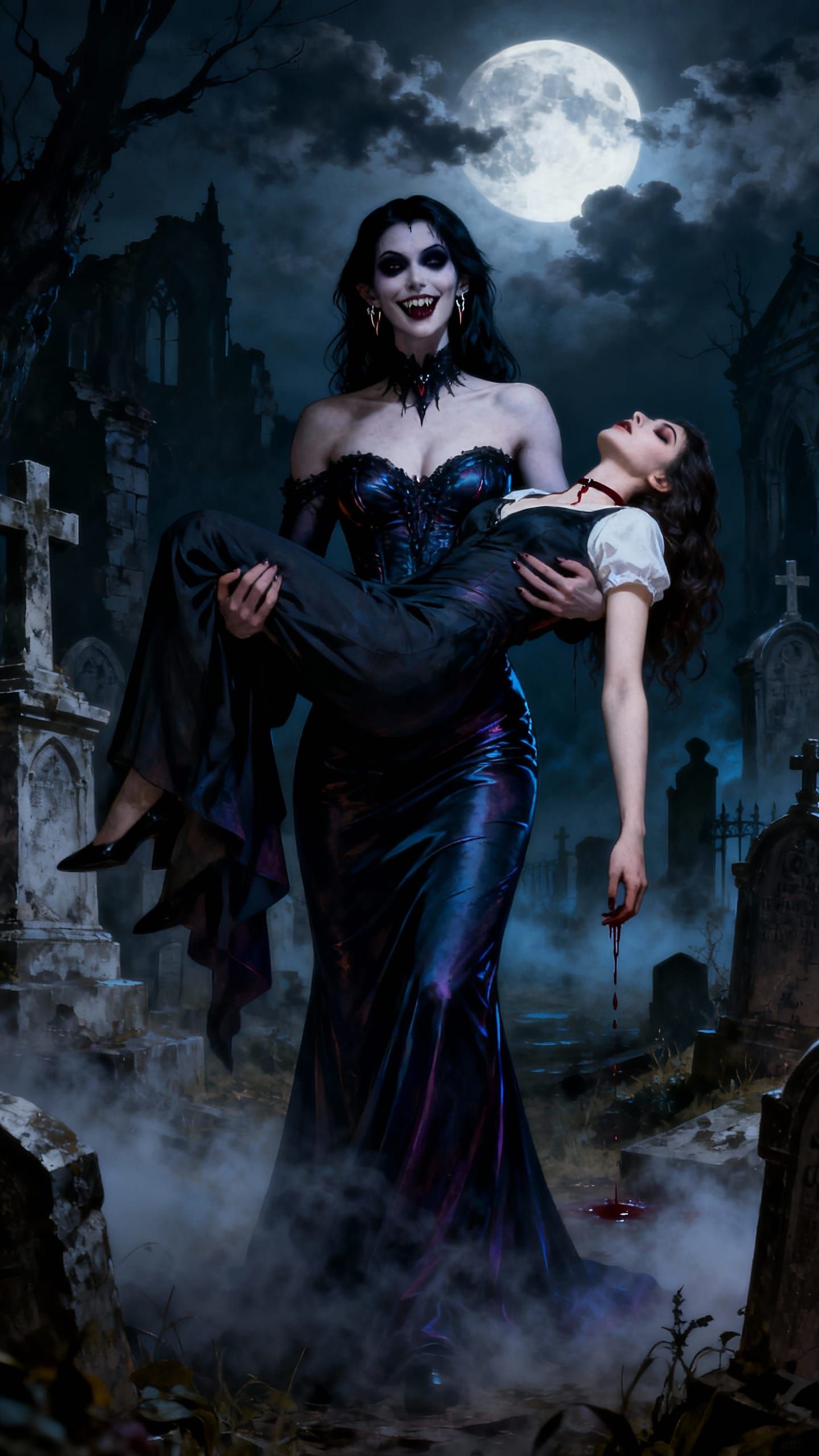 Vampire's Dark Embrace in Ruined Cemetery