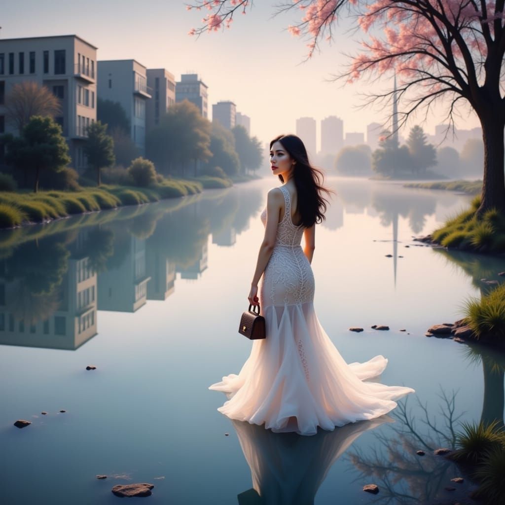 Poised Woman in Lace Dress Amidst Reflective Urban Blur