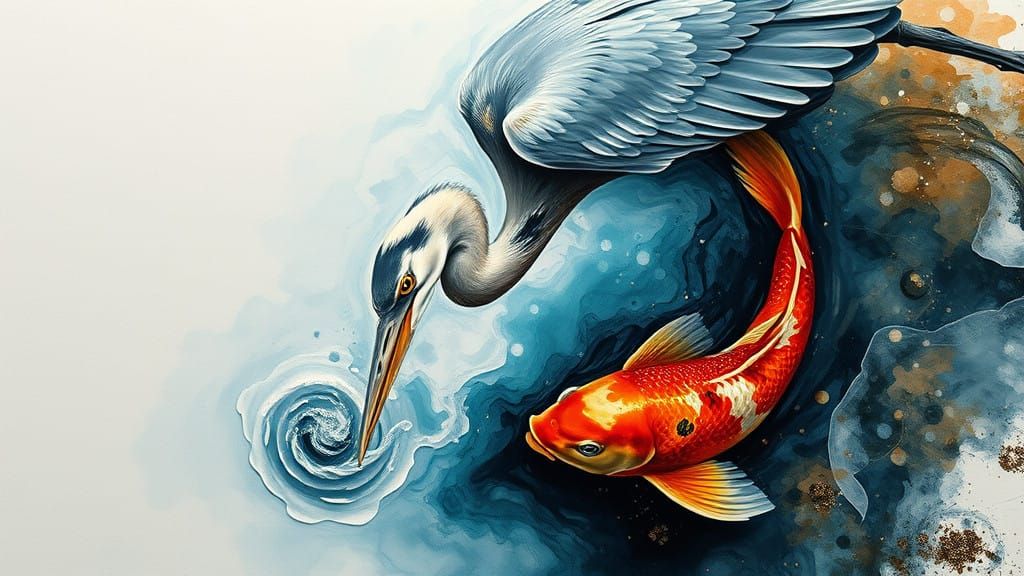 Abstract Heron Diving into Water in Dynamic Surrealist Art