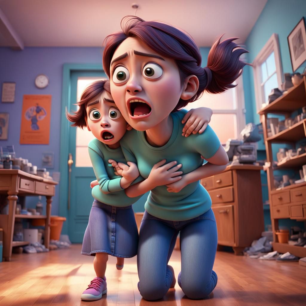 Mother and Daughter in Panic: 3D Digital Art