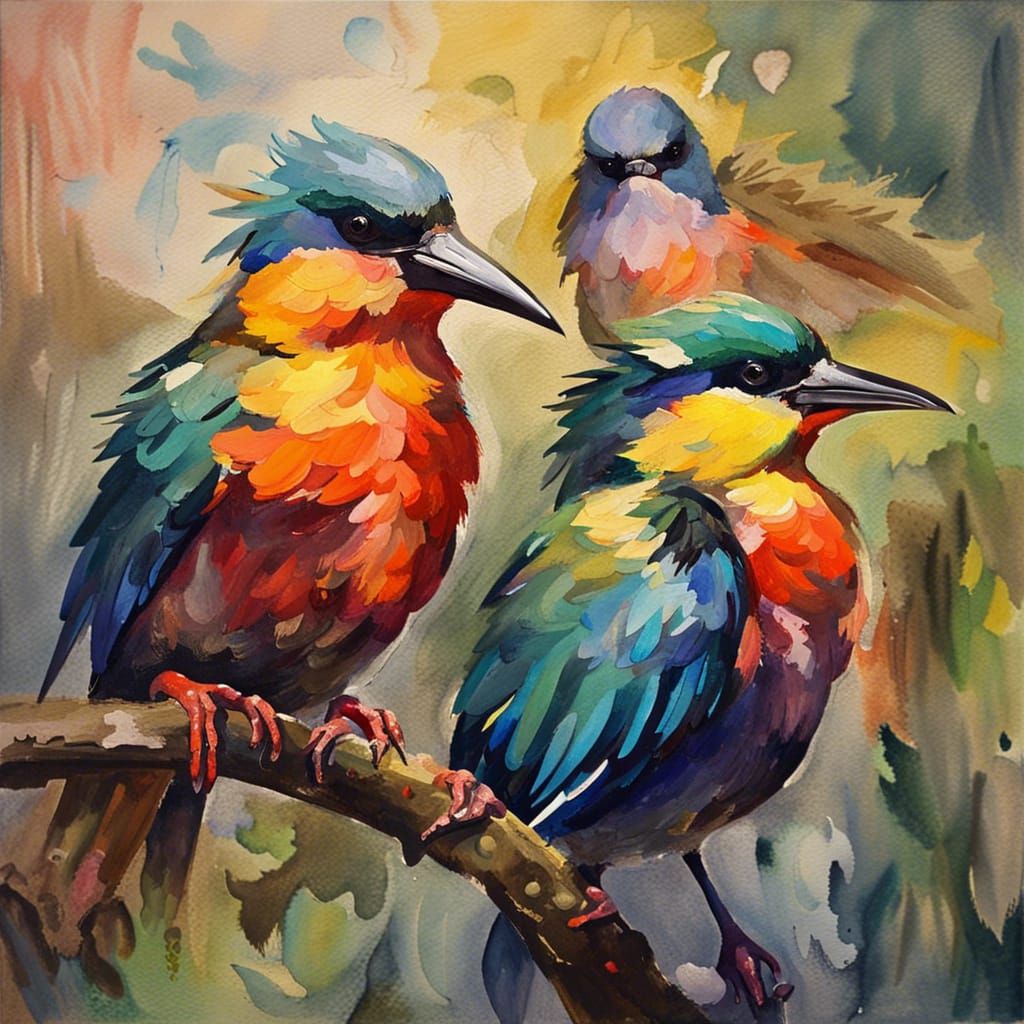 Birds in Flight: Gouache Impressionist Masterpiece