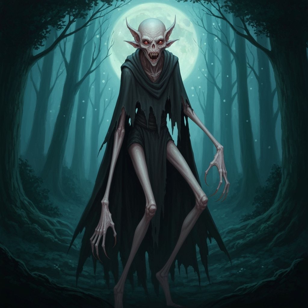 Eerie Creature in Moonlit Forest, Dark Fantasy Art