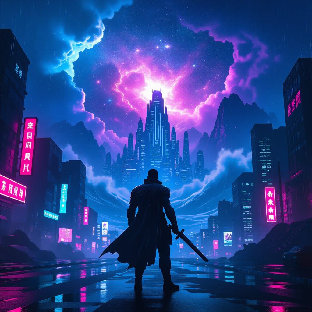 Cyberpunk Warrior Silhouette with Cosmic Nebula