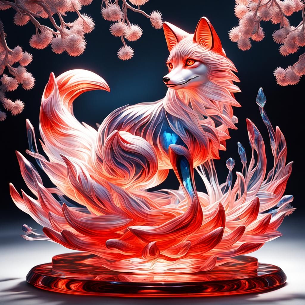 Bioluminescent Nine-Tailed Fox Crystal Sculpture