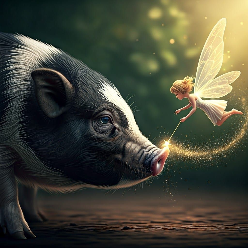 Luminescent Fairy Flies Over a Mini Pig's Nose in Whimsical ...