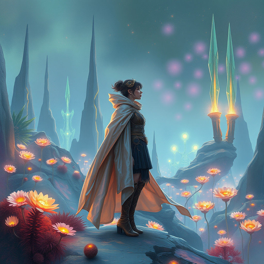 Surreal Steampunk Figure in Alien Landscape