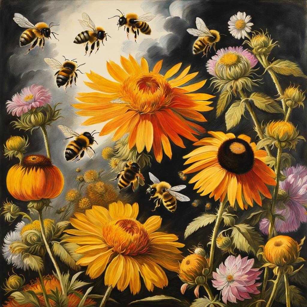 Bees Flying to Hive: Gouache Style Impressionist Painting