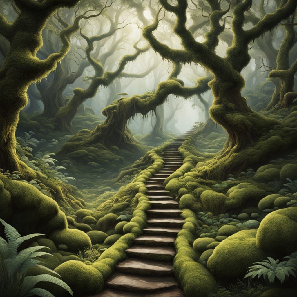 Secret Moss Pathway Through Ancient Landscape with Luminous ...