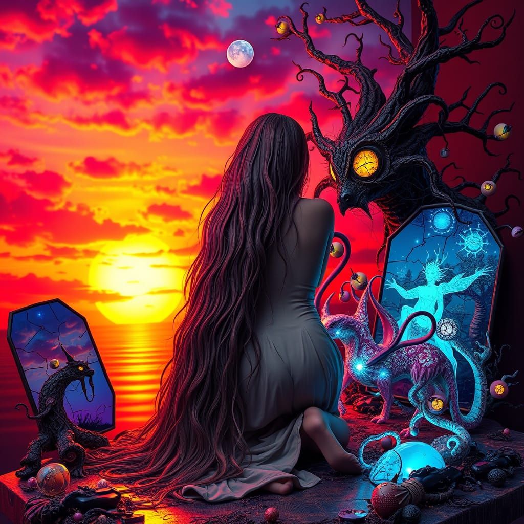 Dreamlike Sculpture of Woman Piecing Identity Puzzle