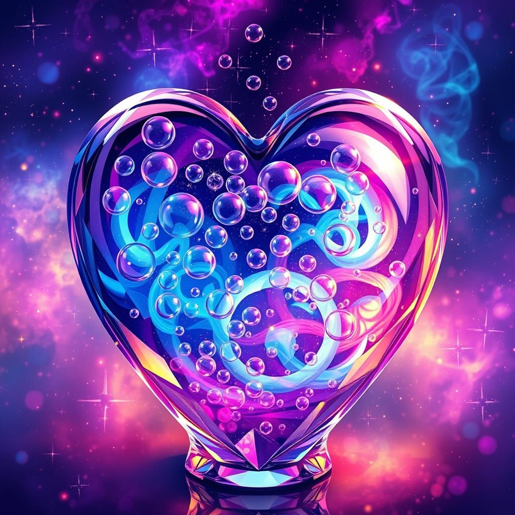 Heart-Shaped Crystal Vase with Vibrant Holographic Bubbles